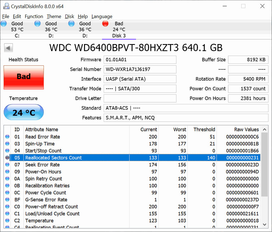 CrystalDiskinfo Health Status Bad WDC WD6400BPVT-80HXZT3 640.1gb 