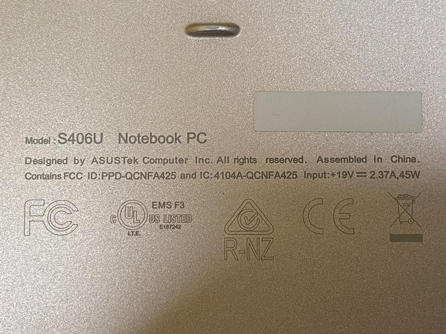 Model S406U Notebook PC, 19V DC, 2.37A, 45W, Input: 100~240V AC 50/60Hz universal
