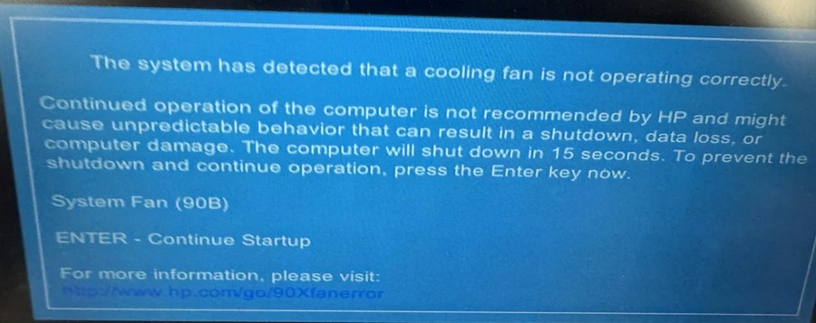 The system has detected that a cooling fan is not operating correctly